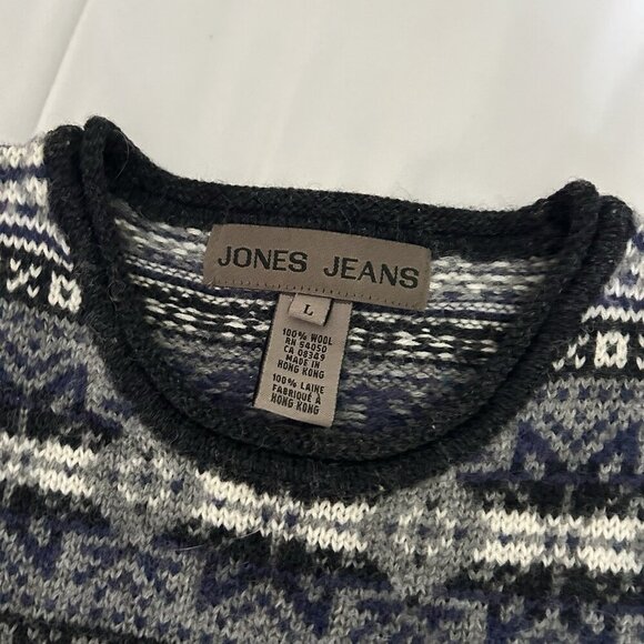 Vintage Jones Jeans Mens Large L Sweater 100% Wool Knit Snowflake Blue White - Picture 3 of 7